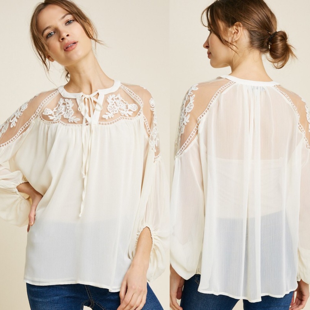 Sheer Tie-Front Lace Detail Top - BLACK - Picture 4 of 4
